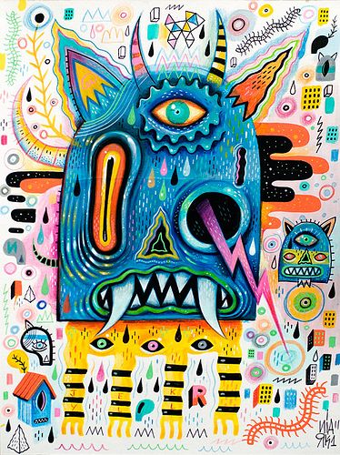 a colorful painting with an animal's face and many other things around it on the wall