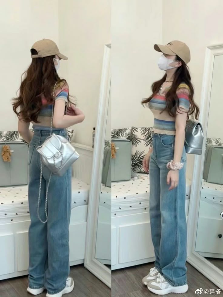 Korean Outfits With Cap, Beige Baseball Cap, Silver Shoulder Bag, Light Blue Denim Jeans, Non Hijab, Simple Casual Outfits, Jeans Accessories, Korean Casual Outfits, Fashion Top Outfits