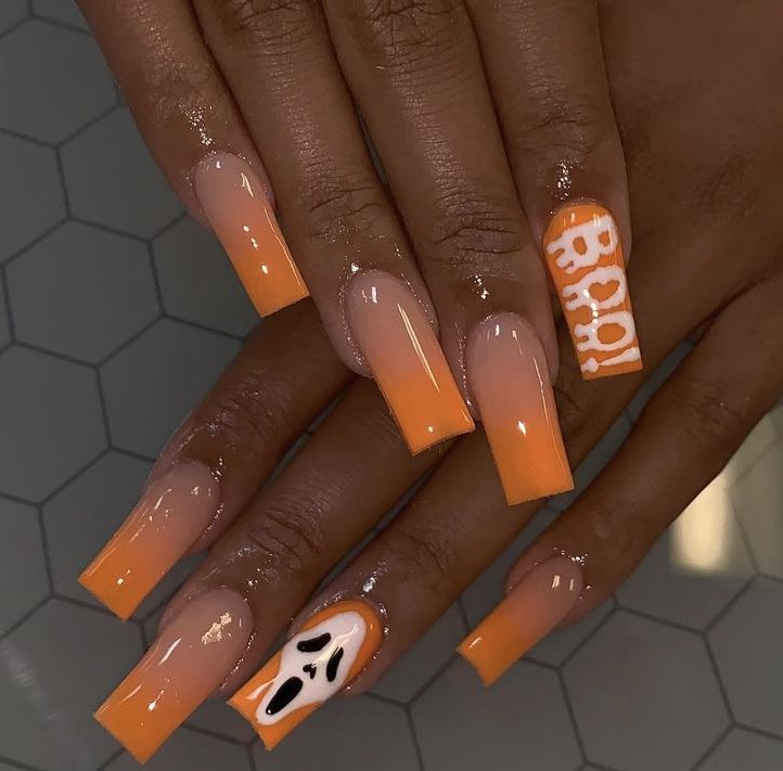 Short Square Nails Design Ideas Halloween, Halloween Nails Mid Length, Caution Nail Design, Halloween Nails Black Women, Holloween Nails Orange, Nail Idea Halloween, Halloween Nails Acrylic Orange, Fall Medium Nails Ideas, Halloween Nail Ideas Square