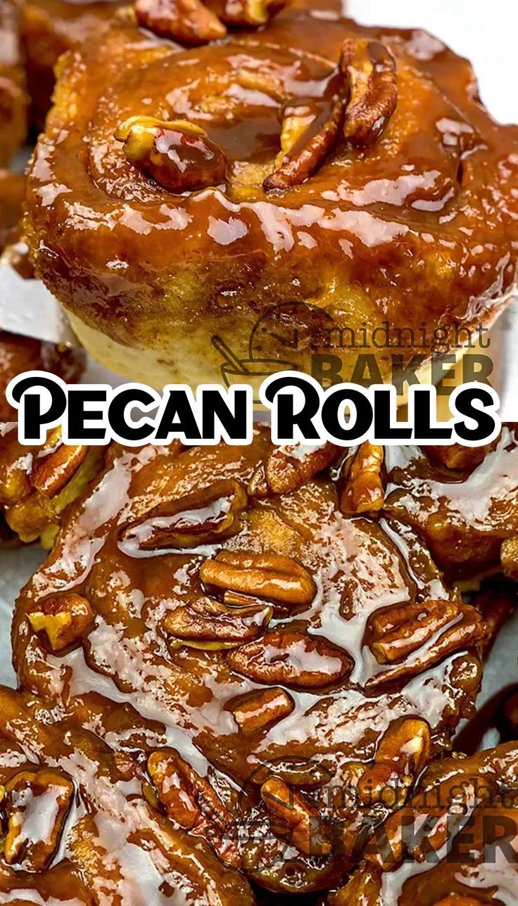 pecan rolls are stacked on top of each other with the words pecan rolls above them