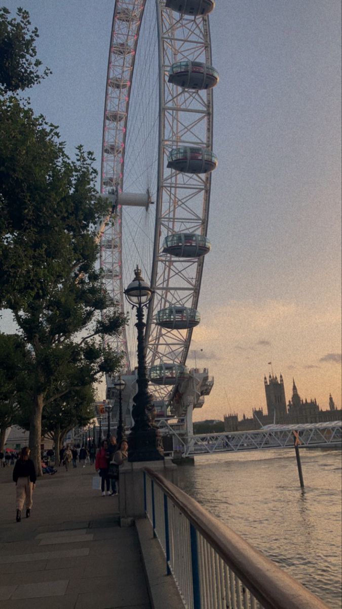 a large ferris wheel sitting on the side of a river