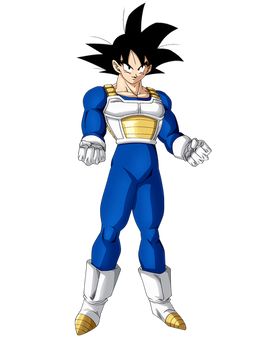 the character from dragon ball is shown in blue and white with his arms spread out