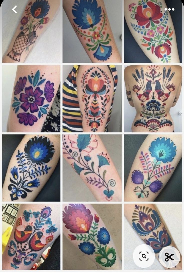 many different pictures of flowers and leaves on the arm, both with their own colors