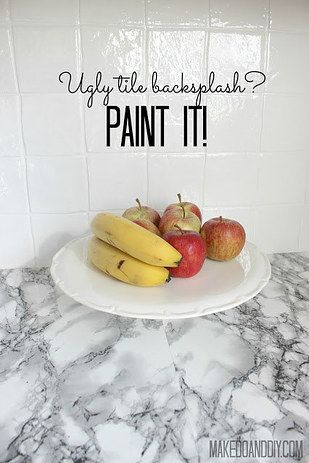 three apples and two bananas on a white plate with the words ugly little backsplash? paint it