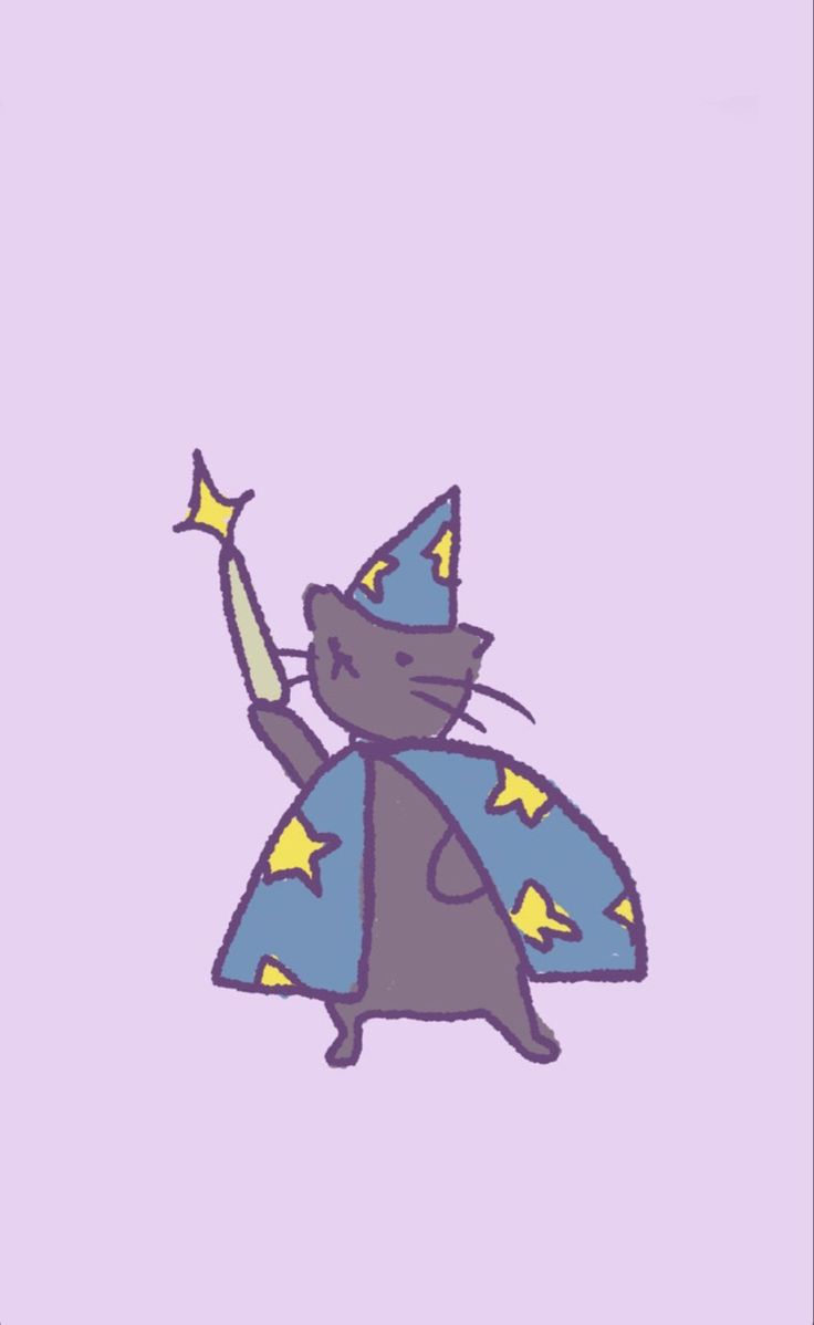 a drawing of a cat dressed as a wizard with a wand and stars on it