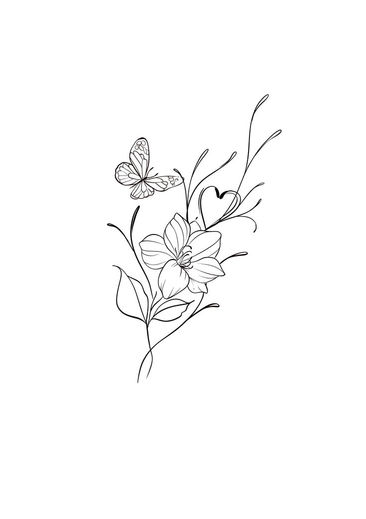 a black and white drawing of flowers with butterflies