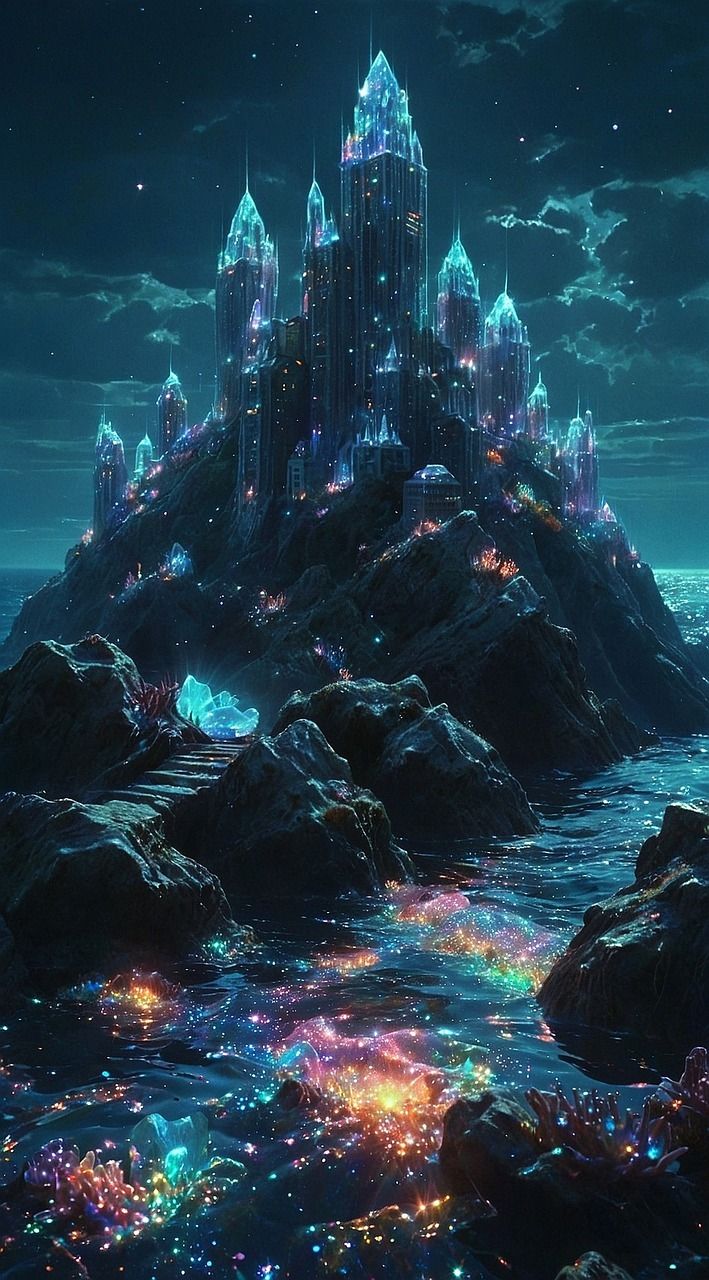 a castle on top of a rock in the ocean at night with bright lights shining from its windows