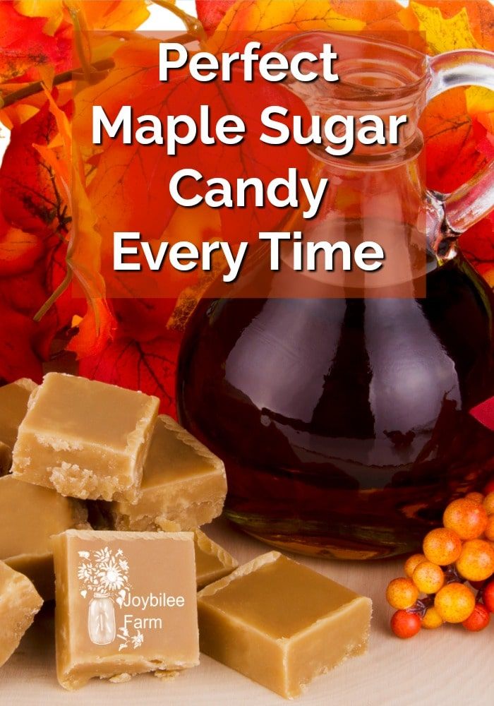 a jar of maple sugar next to candy and fall leaves with text overlay that reads perfect maple sugar candy every time