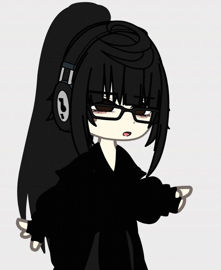 an anime character with headphones on her ears and black hair, holding out her hand