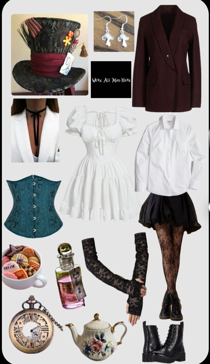 a collage of clothing and accessories including a hat