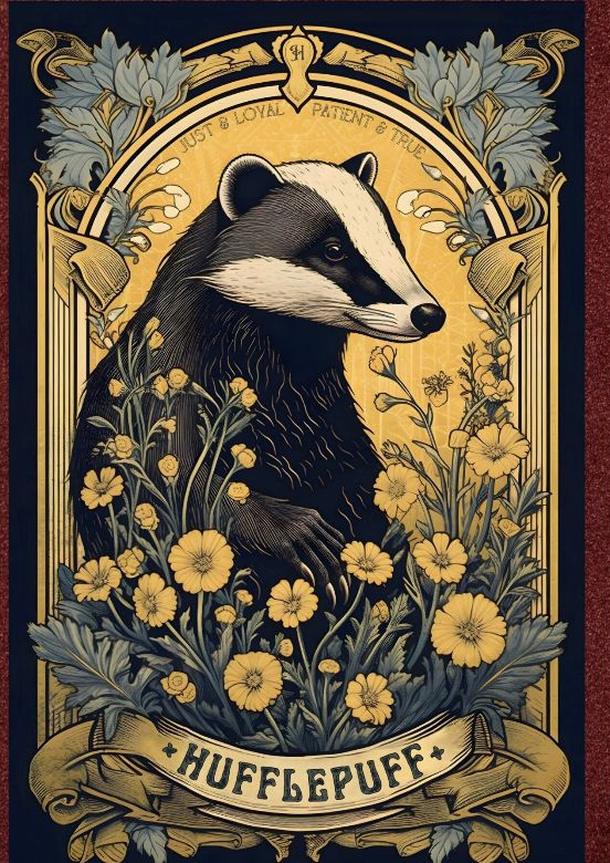 a badger is surrounded by flowers and daisies in an ornate frame with the words,'hufflepuff '