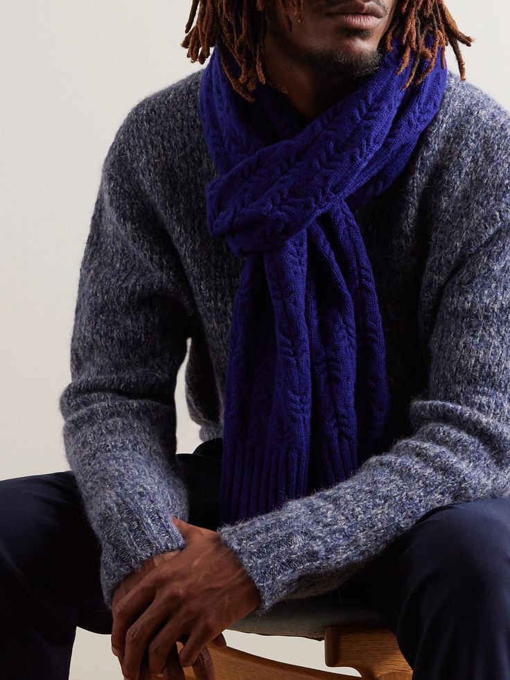 DESIGNED BY MR PORTER. Mr P.’s accessories are equally as refined as its clothing. This 'Lamaine' scarf is cable-knitted from sumptuous wool and ribbed at the ends for contrast. It’ll add a little texture to otherwise simple outfits. Scarf For Men, Plain Scarves, Mr P, Scarf Men, Blue Wool, Wool Scarf, Mr Porter, Knit Scarf, Scarf Shawl