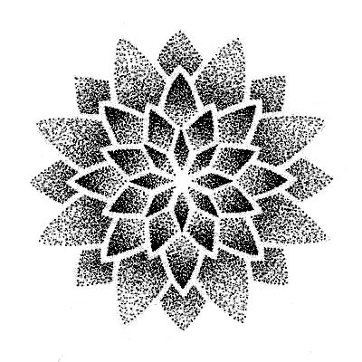 a black and white drawing of a flower with leaves on it's petals in the center