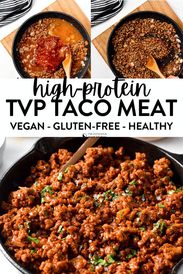 the ingredients for high protein tvp taco meat in a skillet