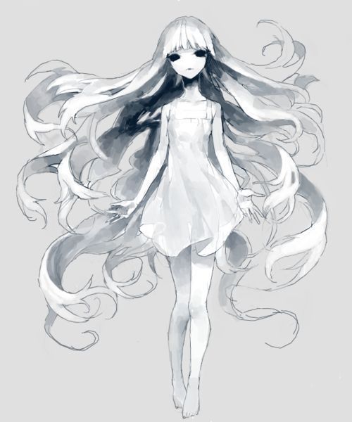 a drawing of a girl with long hair and white dress, standing in front of a gray background