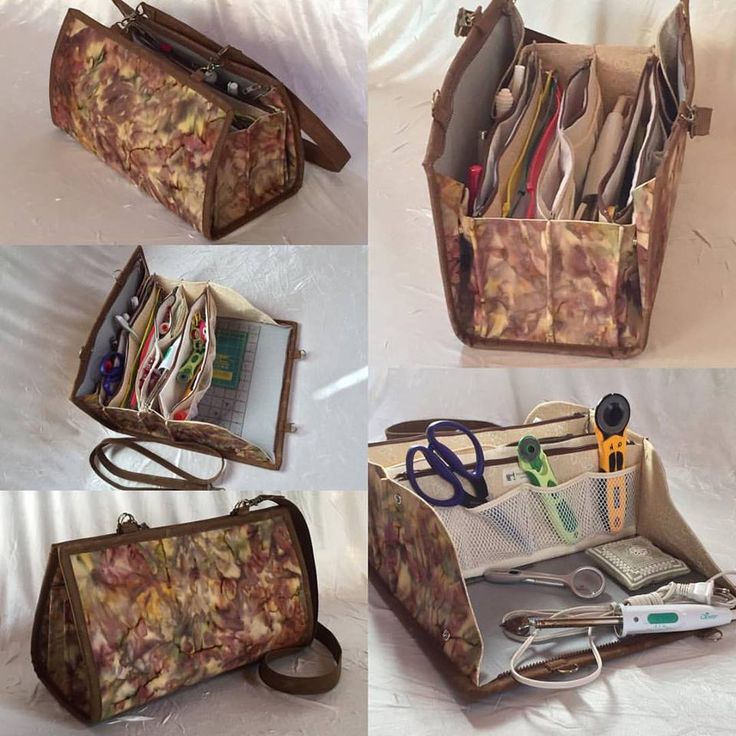 four different images of an open purse with scissors and other items inside, on a white background