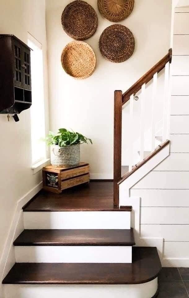 some baskets are hanging on the wall next to stairs and a plant in a pot