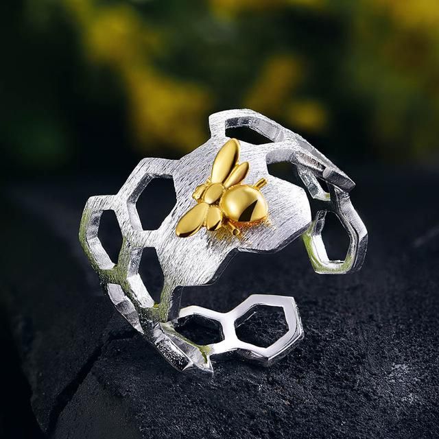 Genuine Handmade Gold Bee Ring 925 Sterling Silver Fine Jewelry Honeycomb Open Ring  for Women Bee Rings, Honeycomb Ring, The Vow, Home Guard, Bee Ring, Handmade Sterling Silver Rings, Gold Bee, Handmade Fine Jewelry, Handmade Rings