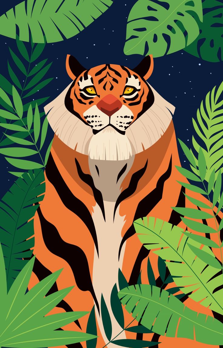 a tiger in the jungle surrounded by plants and leaves on a night sky background with stars