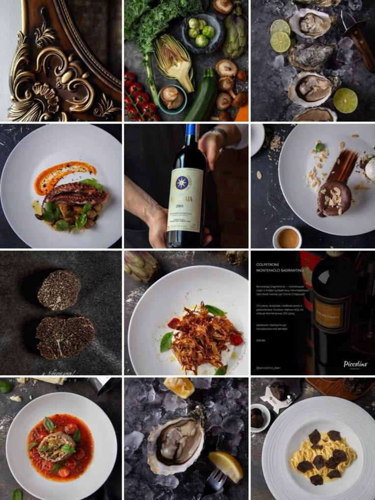 a collage of photos with different foods and beverages on them, including meats, vegetables, sauces, and wine