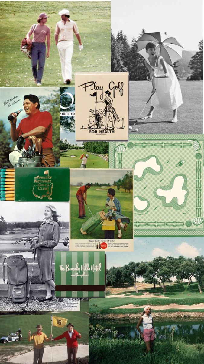 collage of golf images with people and trees in the background