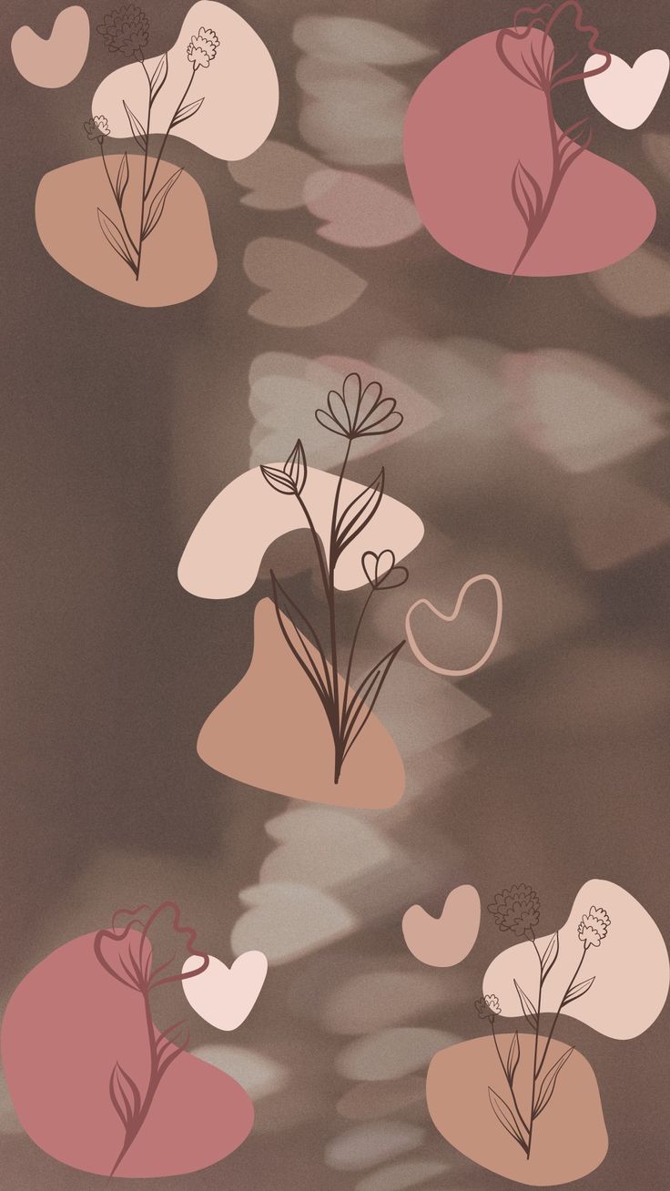 abstract flowers and hearts floating in the air on a brown background with pink, white and grey colors