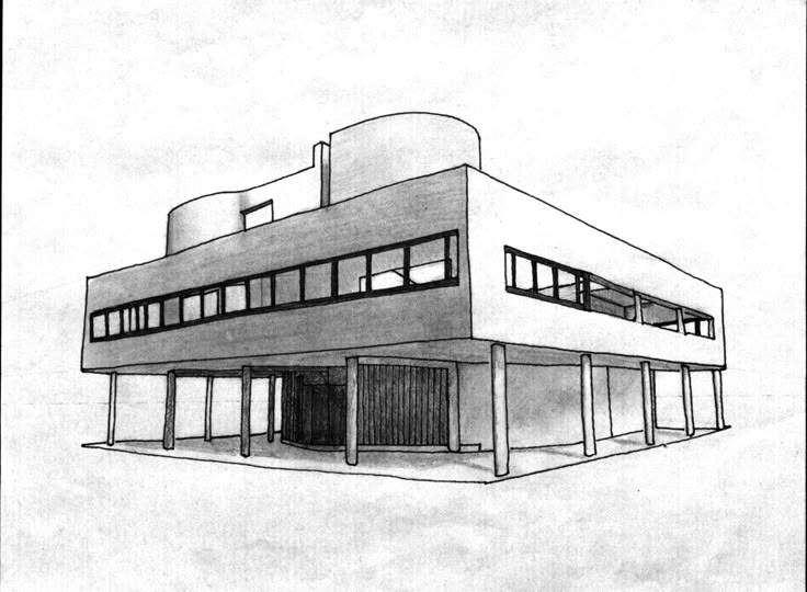 a black and white drawing of a building with lots of windows on the top floor