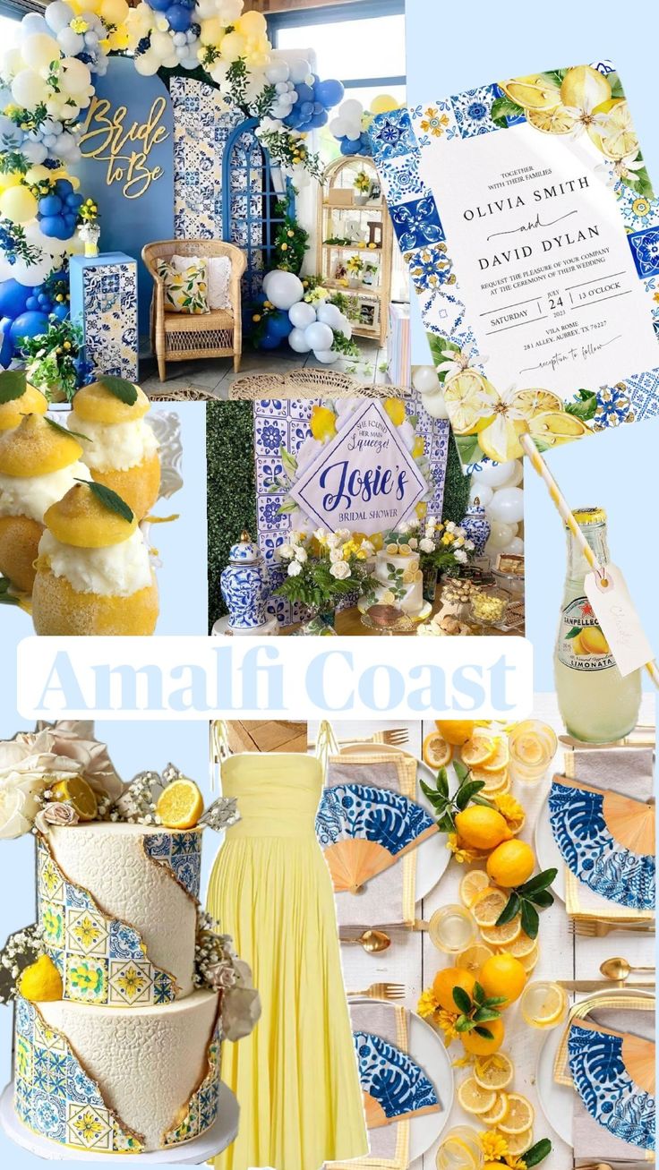 blue and yellow wedding theme with lemons, flowers, and other things on display