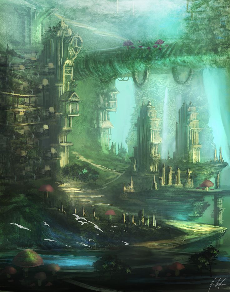 an image of a futuristic city with lots of green stuff in the air and water