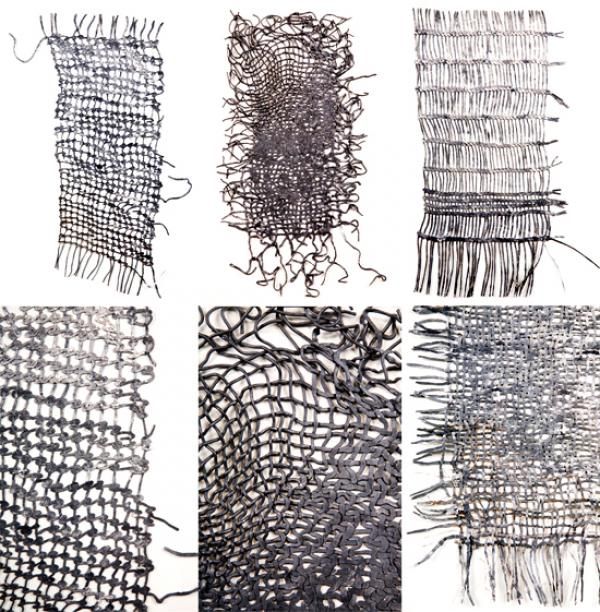 four different types of weavings are shown in black and white, each with an intricate design