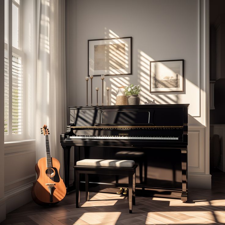 a room with a piano, chair and guitar on the floor in front of it