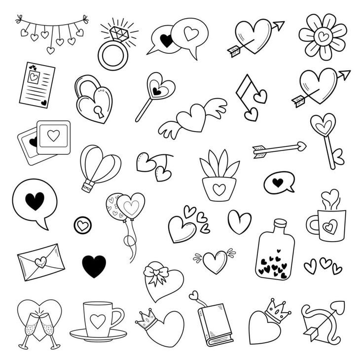 a set of hand drawn hearts and love symbols