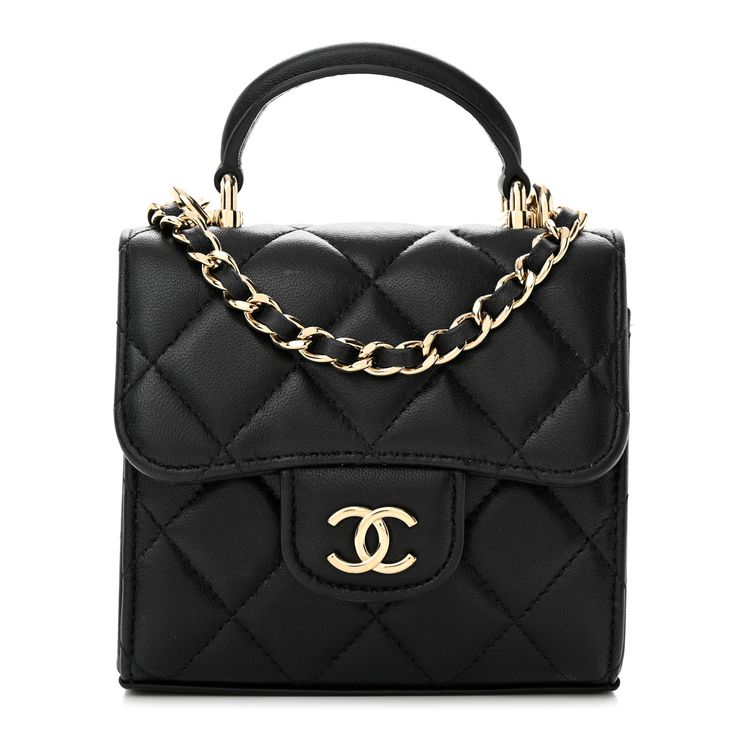 This is an authentic CHANEL Lambskin Quilted Top Handle Flap Clutch With Chain in Black. This stylish bag is crafted of luxuriously soft diamond quilted calfskin leather in black. The bag features a gold chain leather threaded shoulder strap, a leather top handle, and a facing flap with a small gold Chanel CC logo. The flap opens to a black leather interior with a mirror in the flap and card slots. Quilted Top, Gold Chanel, Leather Thread, Diamond Quilt, Cc Logo, Stylish Bag, Leather Chain, Leather Interior, Leather Top