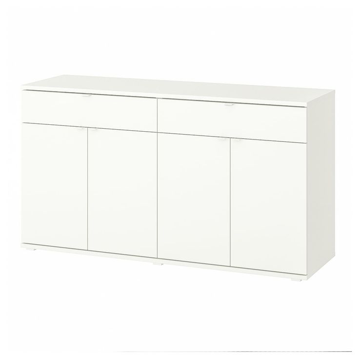 a white cabinet with three doors and two drawers on one side, against a white background