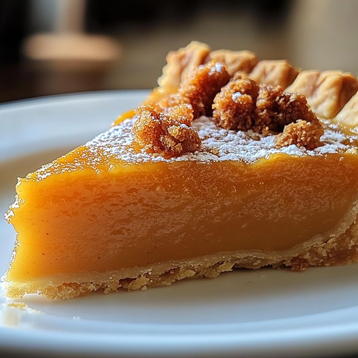 a piece of pie on a white plate with powdered sugar around the crust and toppings