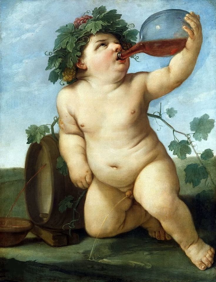 a painting of a baby drinking from a jug