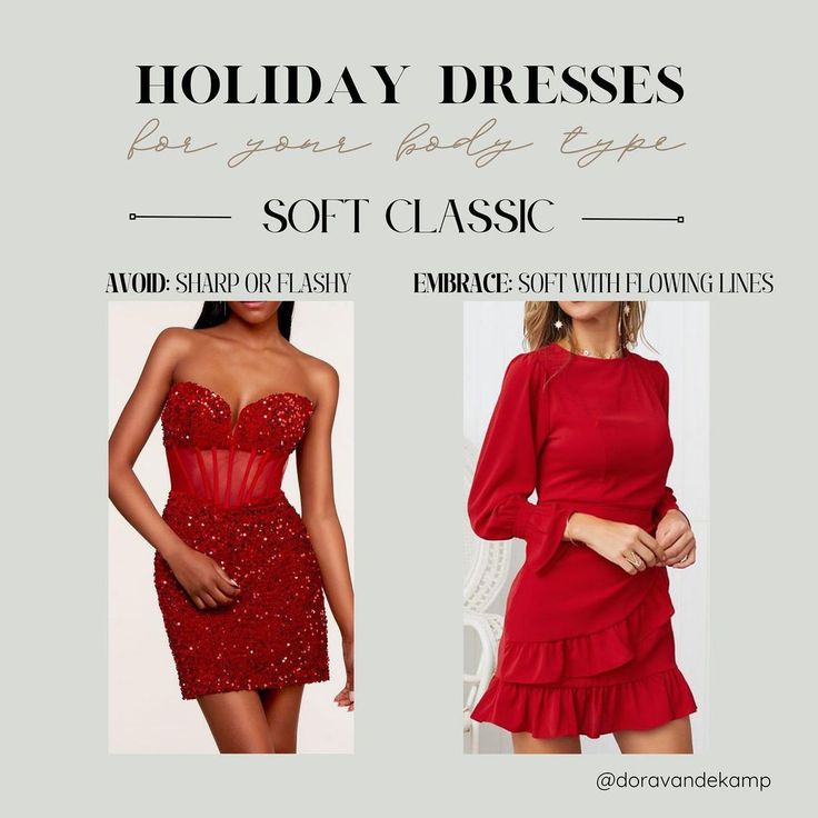 Dora | Image & Style | Color Analysis & Kibbe Body Types | Save this for choosing your best style for 🎄 holiday dresses 🎄 if your Body Typology is SOFT CLASSIC! #softclassic #holidaystyle… | Instagram Kibbe Soft Classic Outfits Date Night, Pants For Soft Classic, Soft Classic Winter, Soft Classic Dress, Soft Classic Style, Soft Classic Kibbe Style Outfits, Kibbe Soft Classic Outfits, Soft Classic With Angelic Essence, Soft Classic Kibbe Style