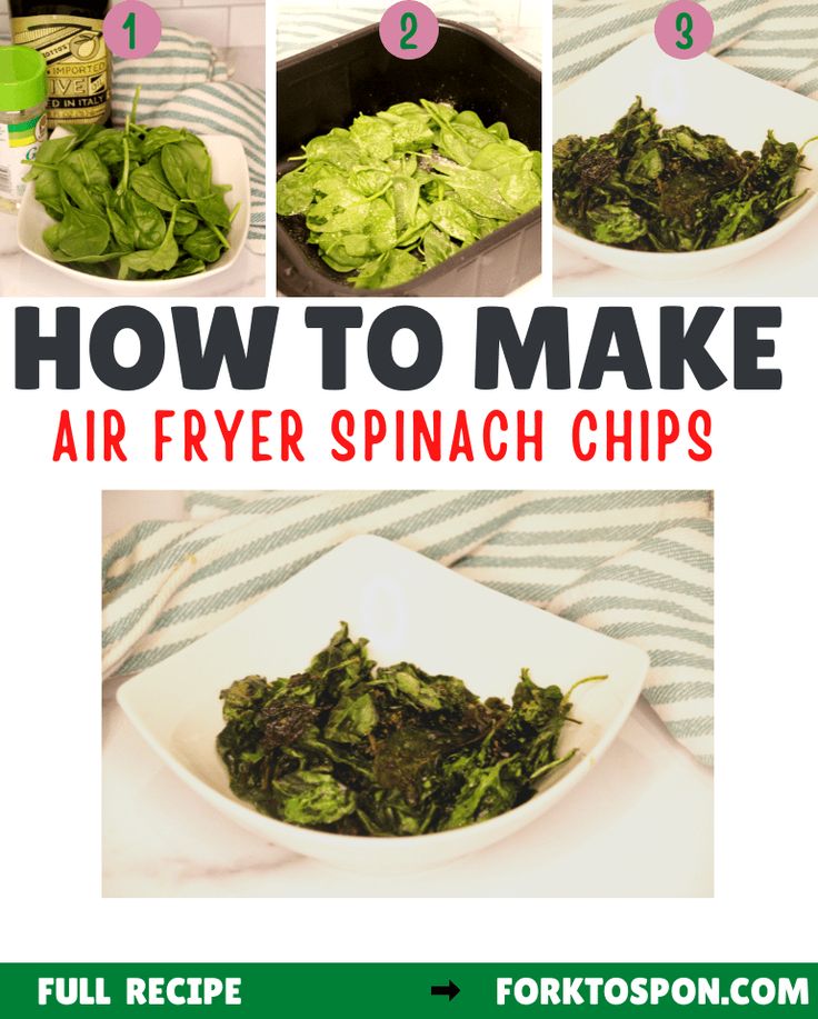 instructions for how to make air fryer spinach chips in a pan on a table