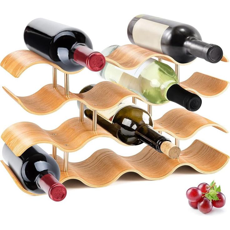 a wooden wine rack holding several bottles of wine