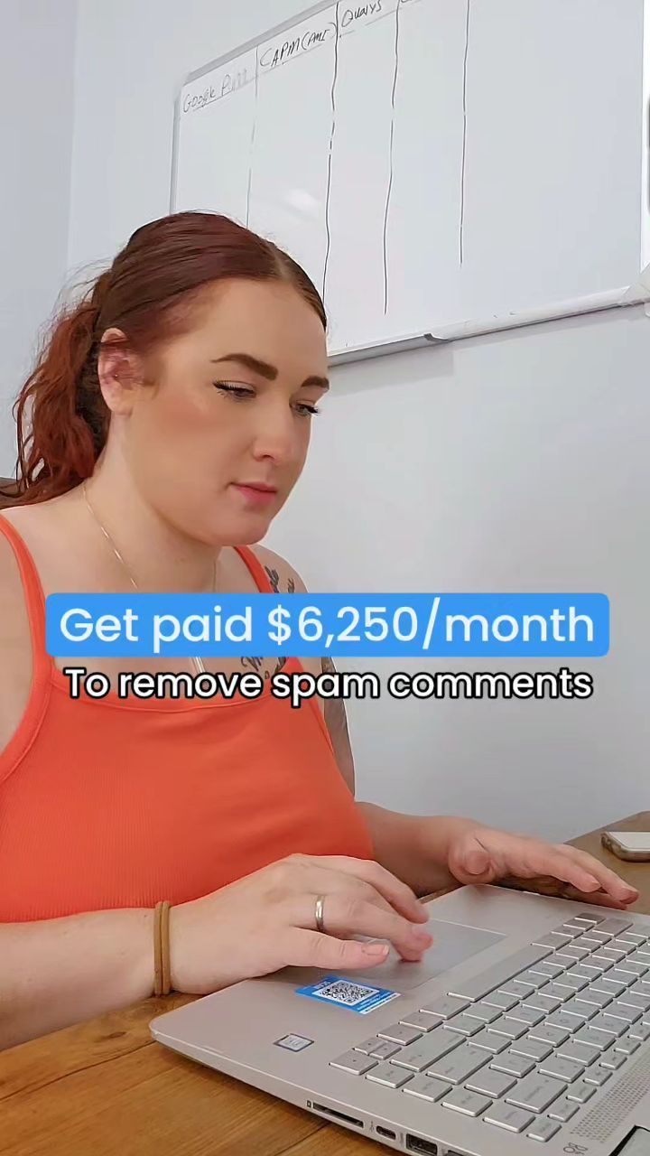 a woman sitting at a desk with a laptop computer in front of her and the text get paid $ 6, 250 / month to remove spam comments