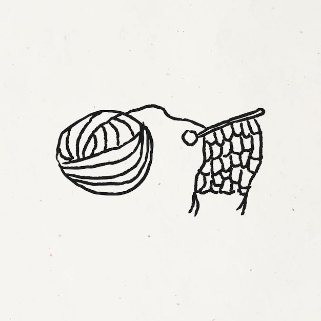 a ball of yarn and a crochet hook on a white paper background with black ink