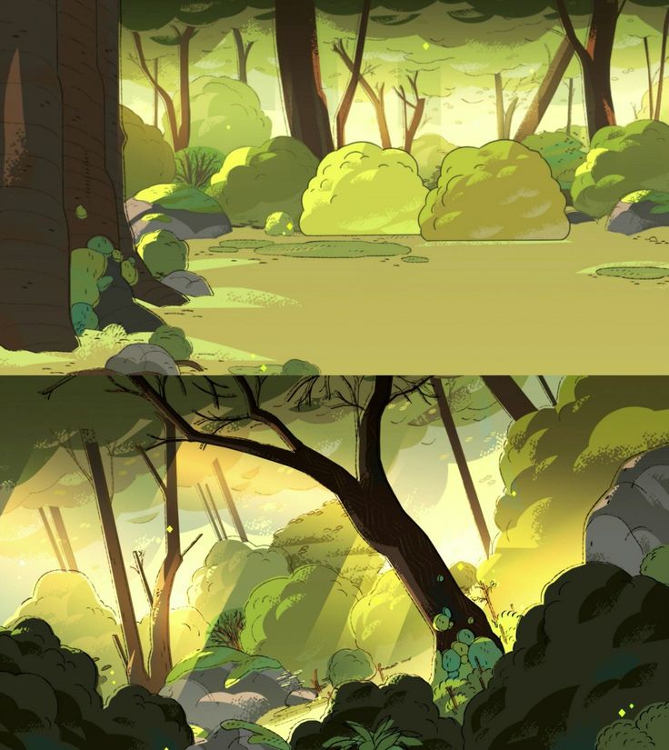 two different views of trees in the woods, one is green and the other is yellow