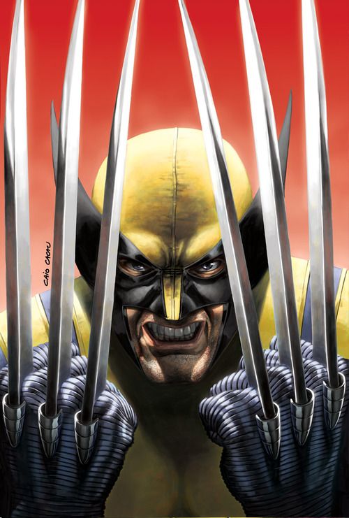 the wolverine is holding up his claws in front of an evil looking man with yellow hair