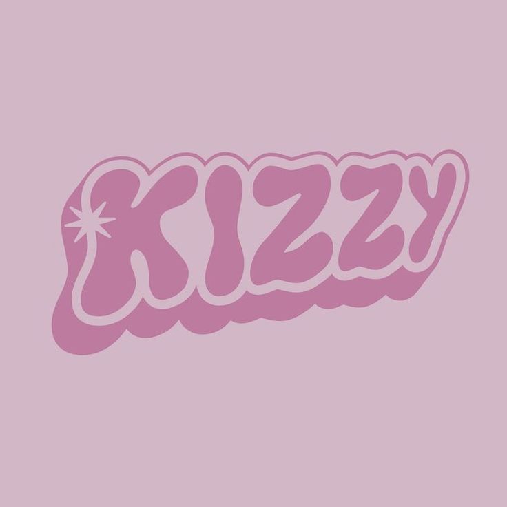 the word kizzy is written in pink on a light purple background with black outline