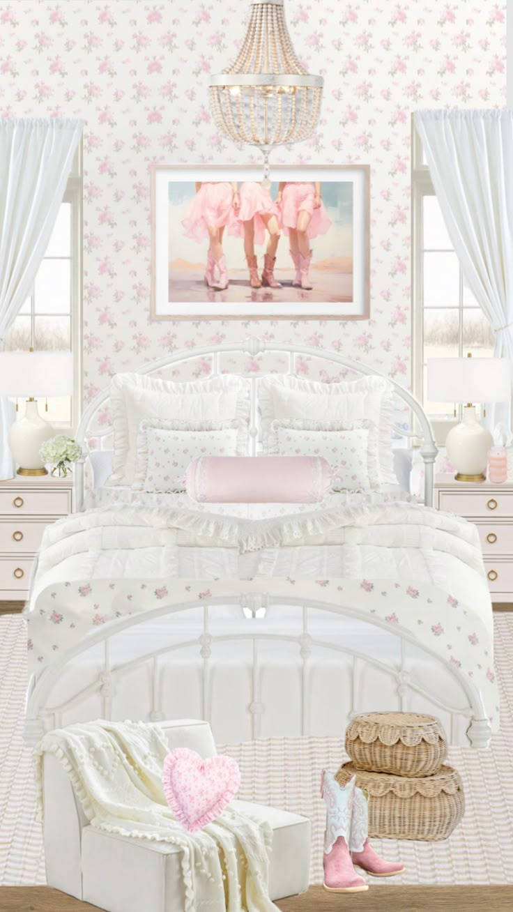 a bedroom with pink and white decor on the walls