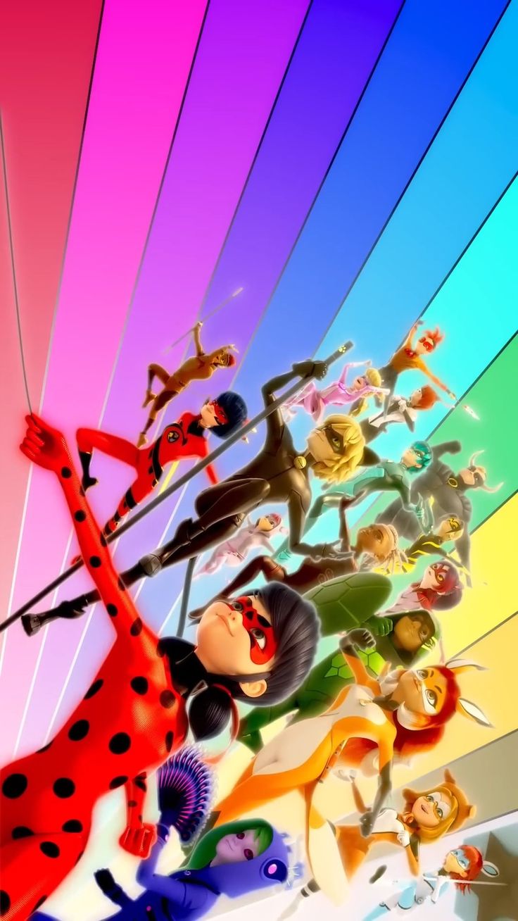 the cartoon characters are all grouped together in an image that appears to be multicolored