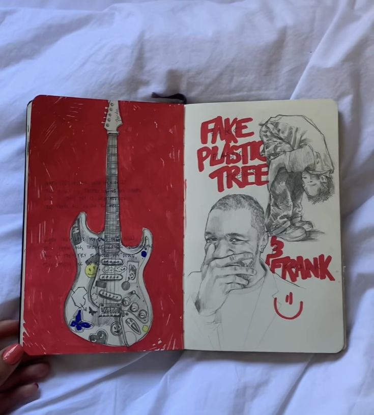 a hand holding an open book with drawings on it and a drawing of a man's face next to a guitar