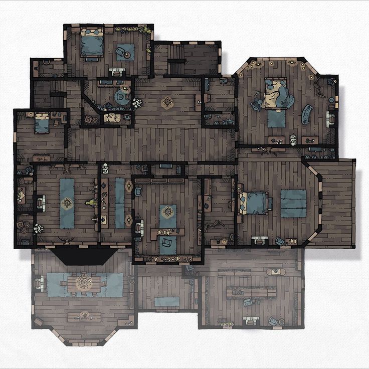 an overhead view of a wooden floor plan with furniture on the top and bottom floors