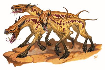 two large dinosaurs walking across a desert covered ground