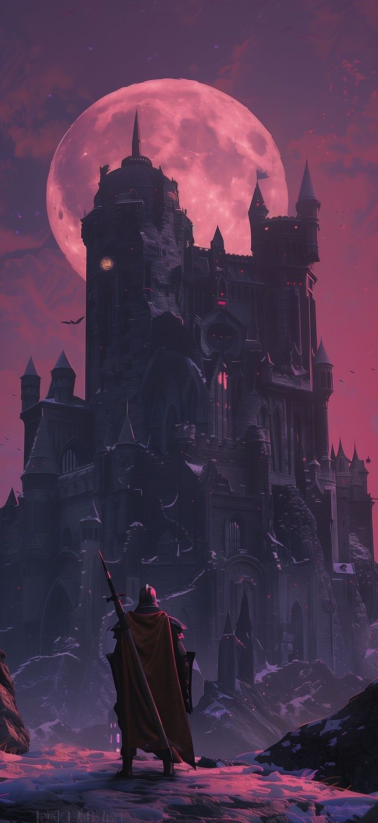 a man standing in front of a castle with a giant moon behind him on a purple and pink sky